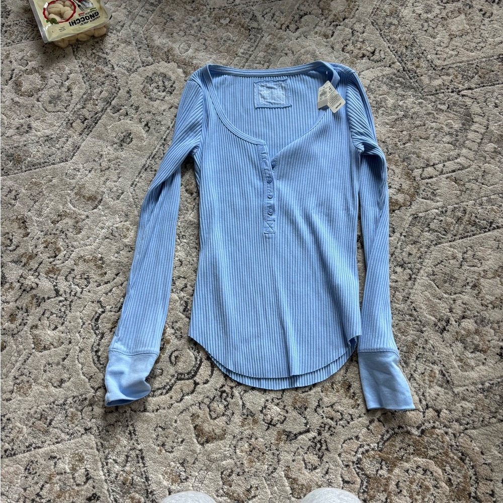Aerie Light Blue Ribbed Long Sleeve Tee